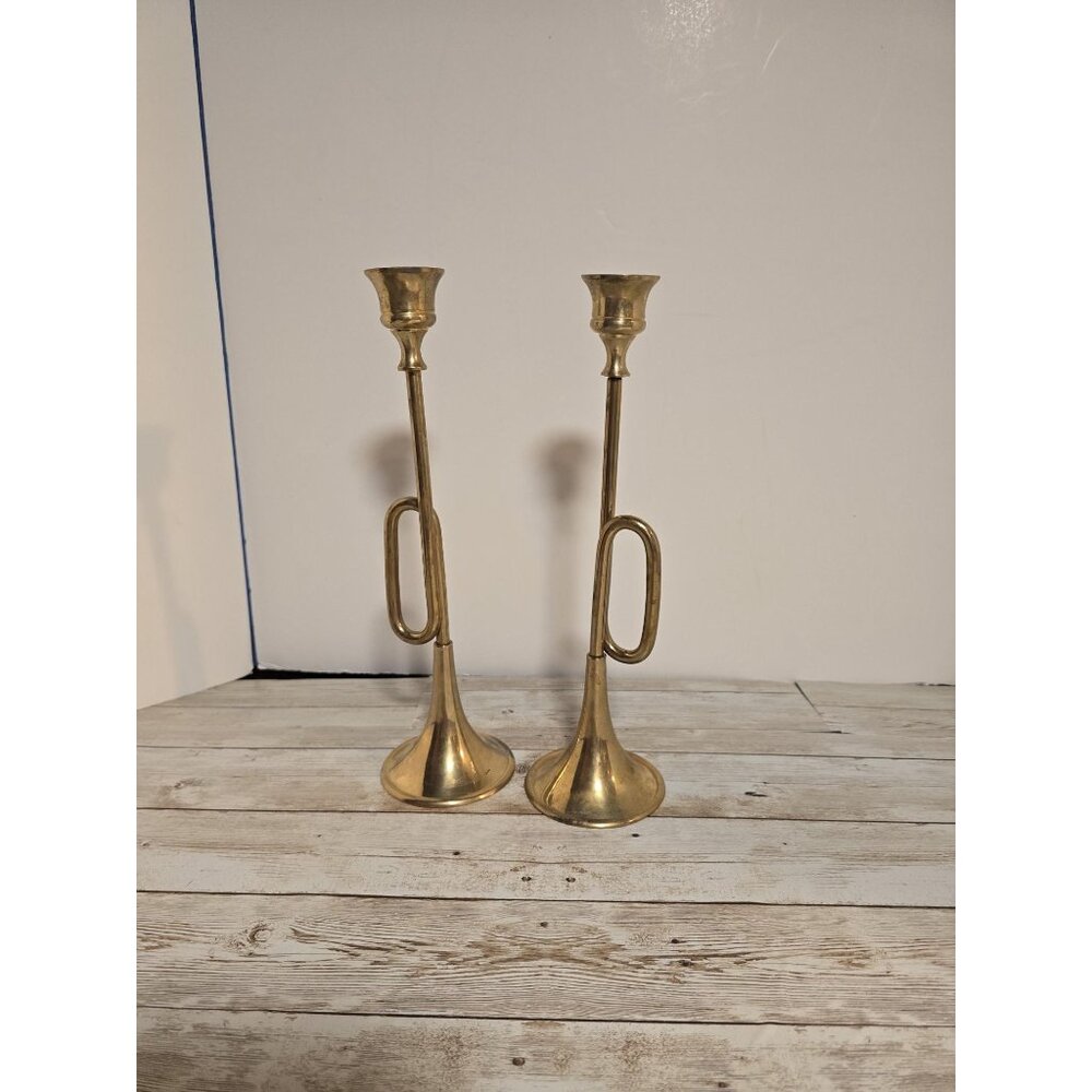 Solid Brass French Horn Candlestick Set Vintage Musical Elegance Home Decor 10"
